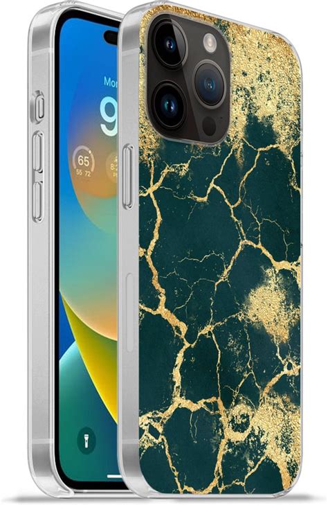 Geschikt VoorApple Iphone 14 Pro Max Hoesje Goud Groen Marmer