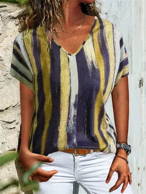 Casual Striped V Neck Short Sleeve T Shirt Noracora