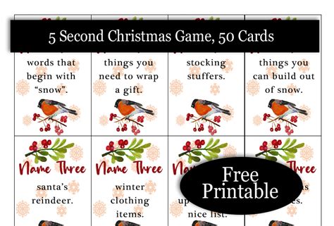 Free Printable Five Second Christmas Game Cards