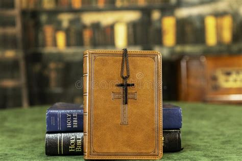 Bibles And Cross On Green Table Stock Photo Image Of Faith Isolated