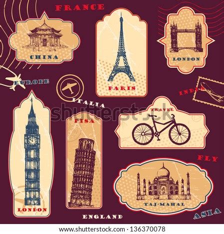 Vintage Travel Labels With Hand Drawn Elements Stock Vector ...