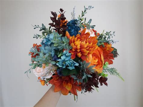 Orange Teal Bridal Bouquet Orange Bridal Bouquet Bridesmaid Etsy