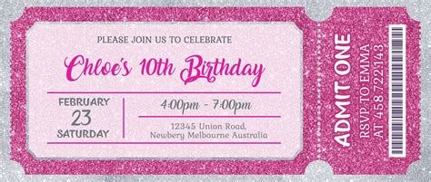 Pink Birthday Invitation Ticket Pink Glitter Birthday Etsy