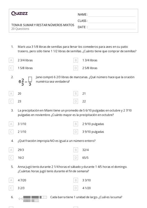 Sumar Y Restar N Meros Mixtos Hojas De Trabajo Para Grado En