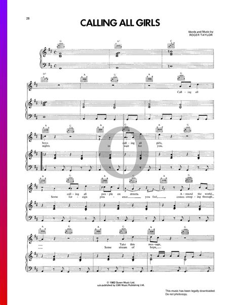 Calling All Girls Queen Piano Sheet Music Oktav