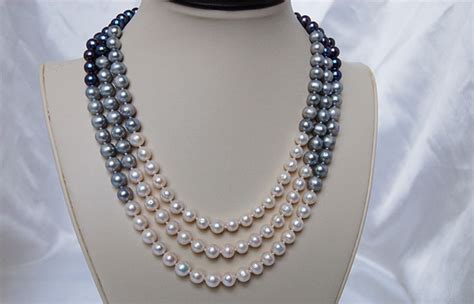 Triple Pearl Strand Necklace Triple Strand 8 Mm White Gray And