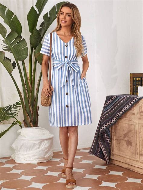 Emery Rose Button Front Self Belted Striped Dress Striped Dress