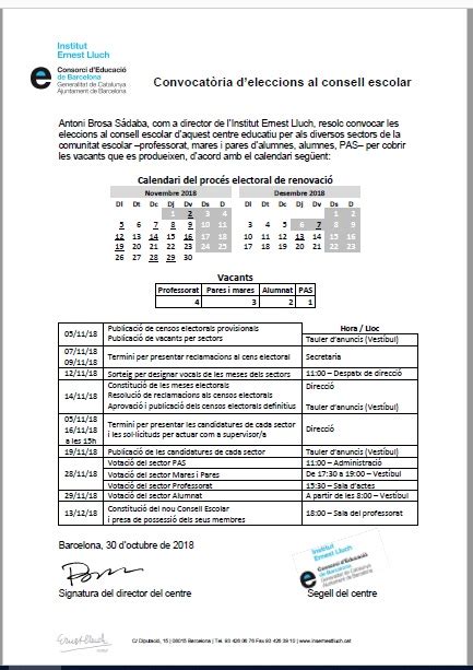 Convocat Ria Deleccions Al Consell Escolar Institut Ernest Lluch