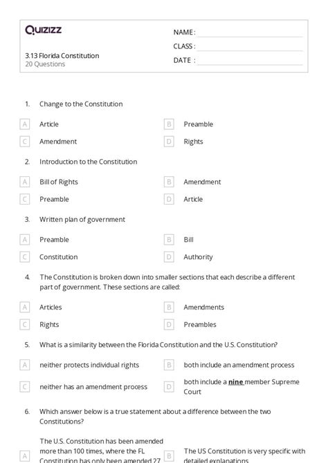 50 The Constitution Amendments Worksheets For 7th Class On Quizizz