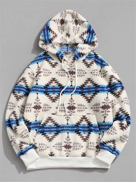 Zaful Tribal Ethnic Aztec Printed Kangaroo Pocket Fluffy Hoodie In