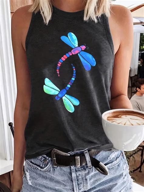 Dragonfly Print Tank Top Casual Crew Neck Summer Sleeveless Temu Norway