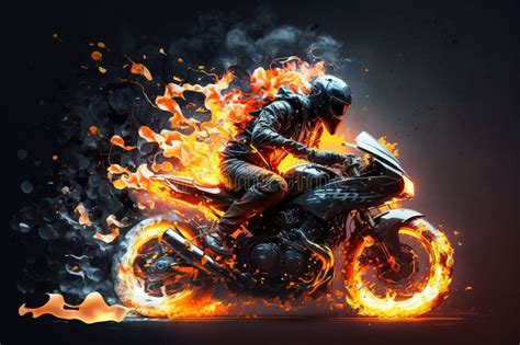 Biker On A Motorcycle Or Motorbike On Fire Rider On A Bike Or Chopper