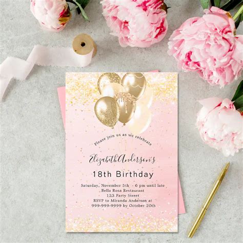 Birthday Blush Gold Glitter Balloons Invitation Zazzle