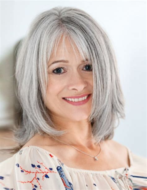 Cute Medium Length Straight Bob Style Grey Wig With Bangs Chin Length