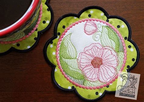 Hibiscus Floral Embroidery Mug Rug Coaster Machine Embroidery Design