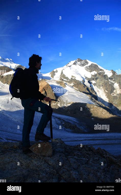 Swiss Alps Mountaineer Diavolezza Enjoy View Piz Bernina Pers Glacier