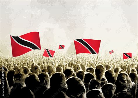 Crowd With The Flags Of Trinidad And Tobago People Cheering National