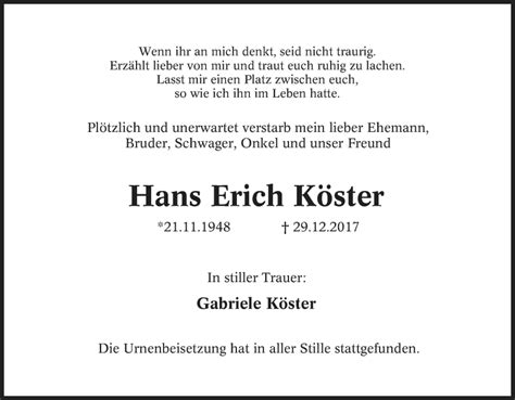 Traueranzeigen Von Hans Erich K Ster Trauer In Nrw De