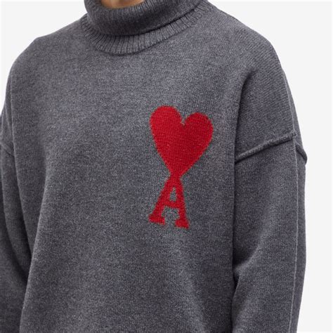 AMI Paris Large A Heart Roll Neck Knit Heather Grey Red END GB