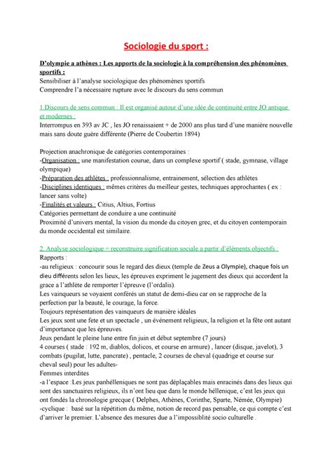 Sociologie Du Sport Notes De Cours 1 Sociologie Du Sport D