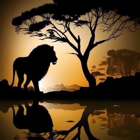 Premium Photo | Silhouette of a lion lion on sunset