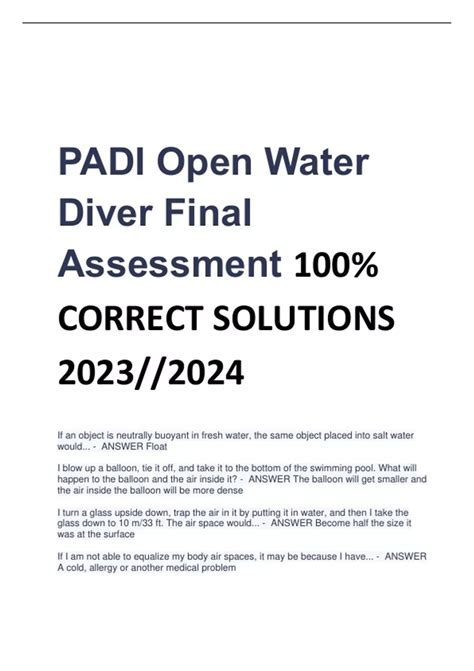 Padi Open Water Diver Final Assessment 100 Correct Solutions 2023