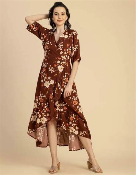 Buy Moomaya V Neck Rayon 3 4 Sleeve Wrap Dress Regular Fit Stylish Wrap Dress Online At Best