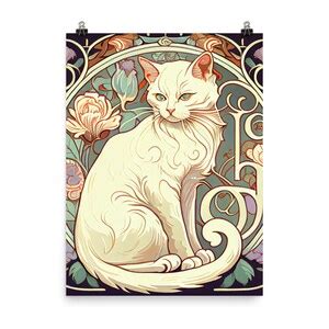 Divine White Cat With Rose And Sunbeam Art Nouveau Floral Etsy