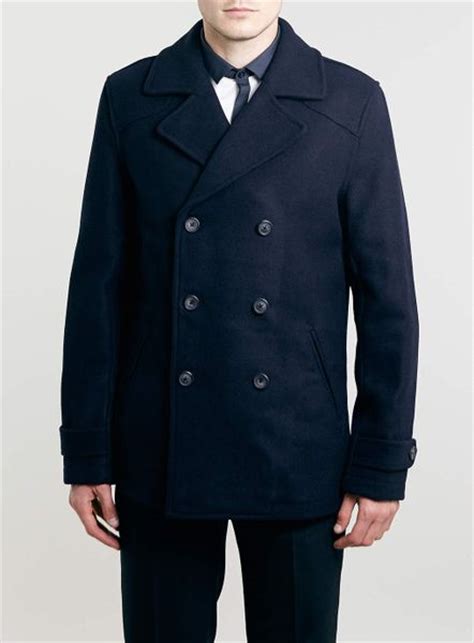 Topman Navy Wool Blend Slim Pea Coat In Blue For Men Lyst