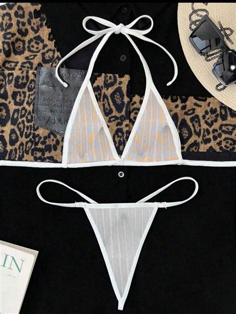 Lace Striped Temptation Semi Sheer Mesh Tied Kawaii Lingerie Set Sexy Underwear For Halloween