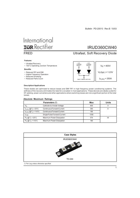 IRUD360CW40 Datasheet ULTRAFAST SOFT RECOVERY DIODE