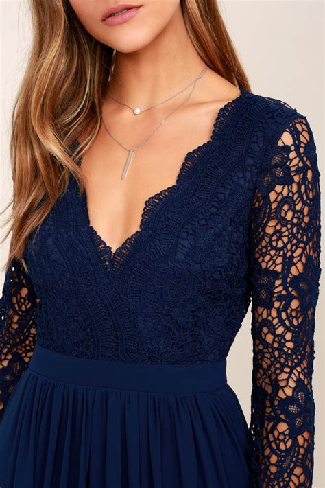 Navy Blue Dress Maxi Dress Lace Dress Long Sleeve Dress