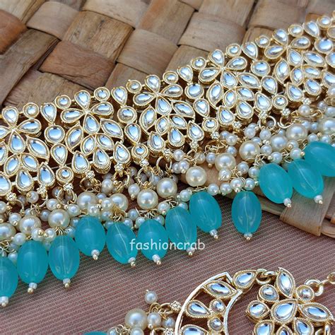 Light Blue Pearl Kundan Set For Saree Fashioncrab