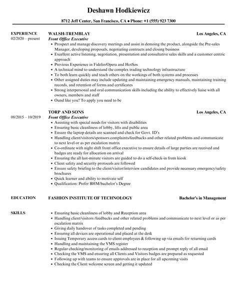 Front Office Executive Resume Samples Velvet Jobs