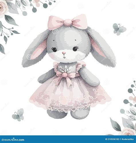 Cute Watercolor Plush Doll Bunny Girl Happy Birthday Card Stock Vector