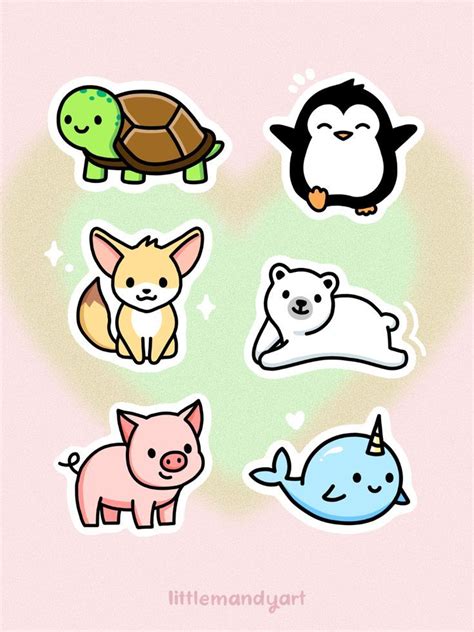 four stickers with different animals and birds on them, all in pastel ...