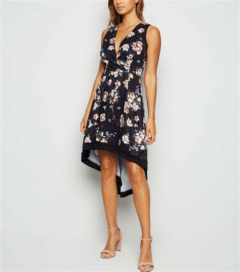 Mela Black Floral Dip Hem Wrap Dress New Look