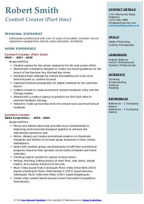 Content Creator Resume Samples Qwikresume