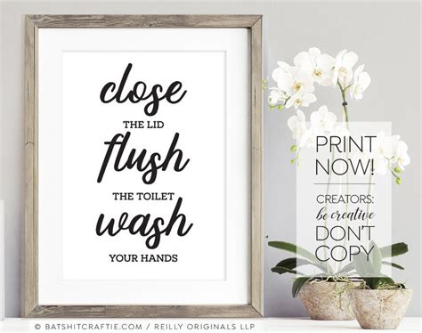 Cute Bathroom Sign Printable Decor Close Lid Flush Toilet Wash Etsy