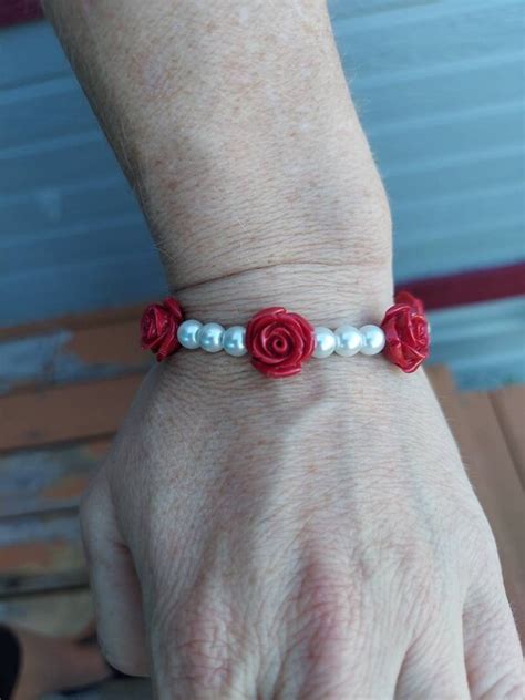 Red Rose Bracelet Pearl Bracelet For Her Red Rose Jewelry Etsy