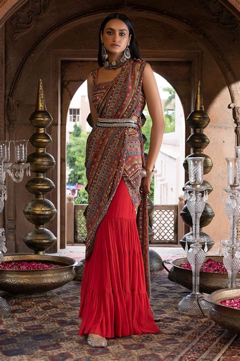 Buy Red Crepe And Georgette Lining Shantoon Sharara Saree With Blouse