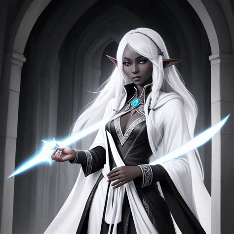 Best Ai Photo Female Drow Elf Wizard Black Skin White Hair