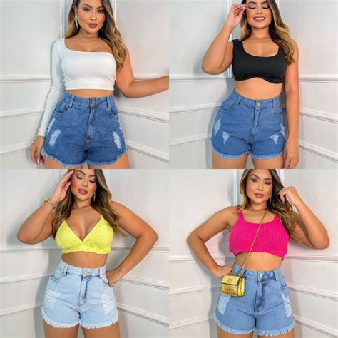Short Cintura Alta Slim Feminino Jeans Rasgado Ver O Hot Pants Shopee Brasil