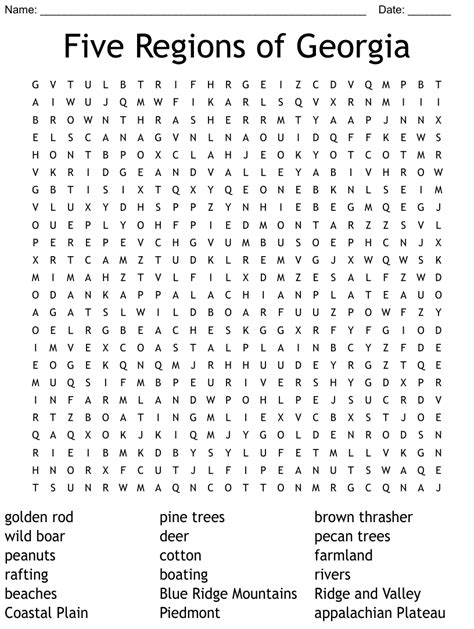 Five Regions Of Georgia Word Search WordMint