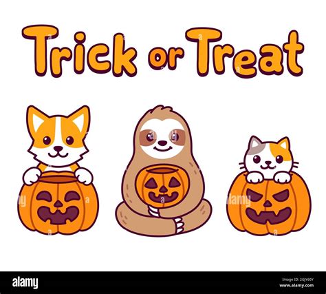 Cute cartoon animals with Halloween pumpkins and text Trick or treat ...