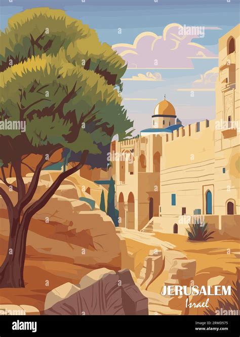 Jerusalem Israel Travel Retro Poster Vector Art Stock Vector Image