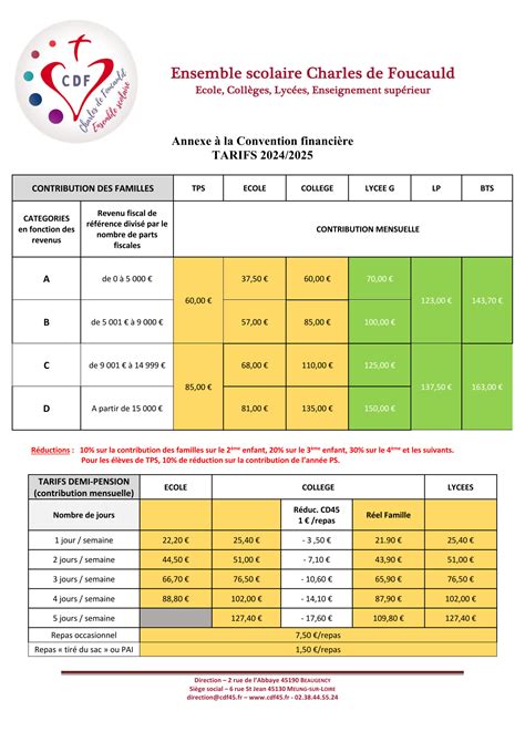 Tarifs 2024 2025 Ensemble Scolaire Charles De Foucauld