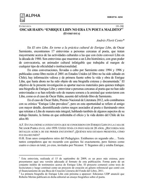 Pdf Oscar Hahn Enrique Lihn No Era Un Poeta Maldito Entrevista