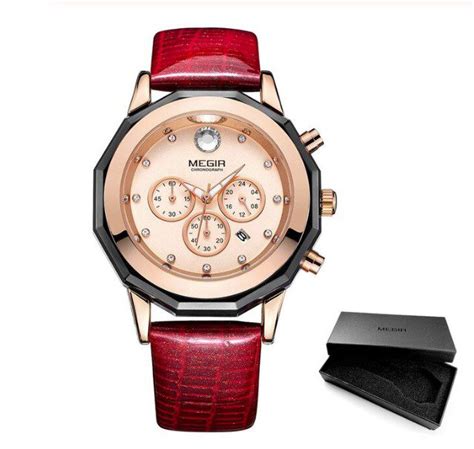 Megir Rouge Montre Femme Chronographe Bracelet En Cuir Montres