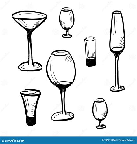 Set Of Drawn Sketches Glass Goblets Isolated On White Background Vector Stock Vector